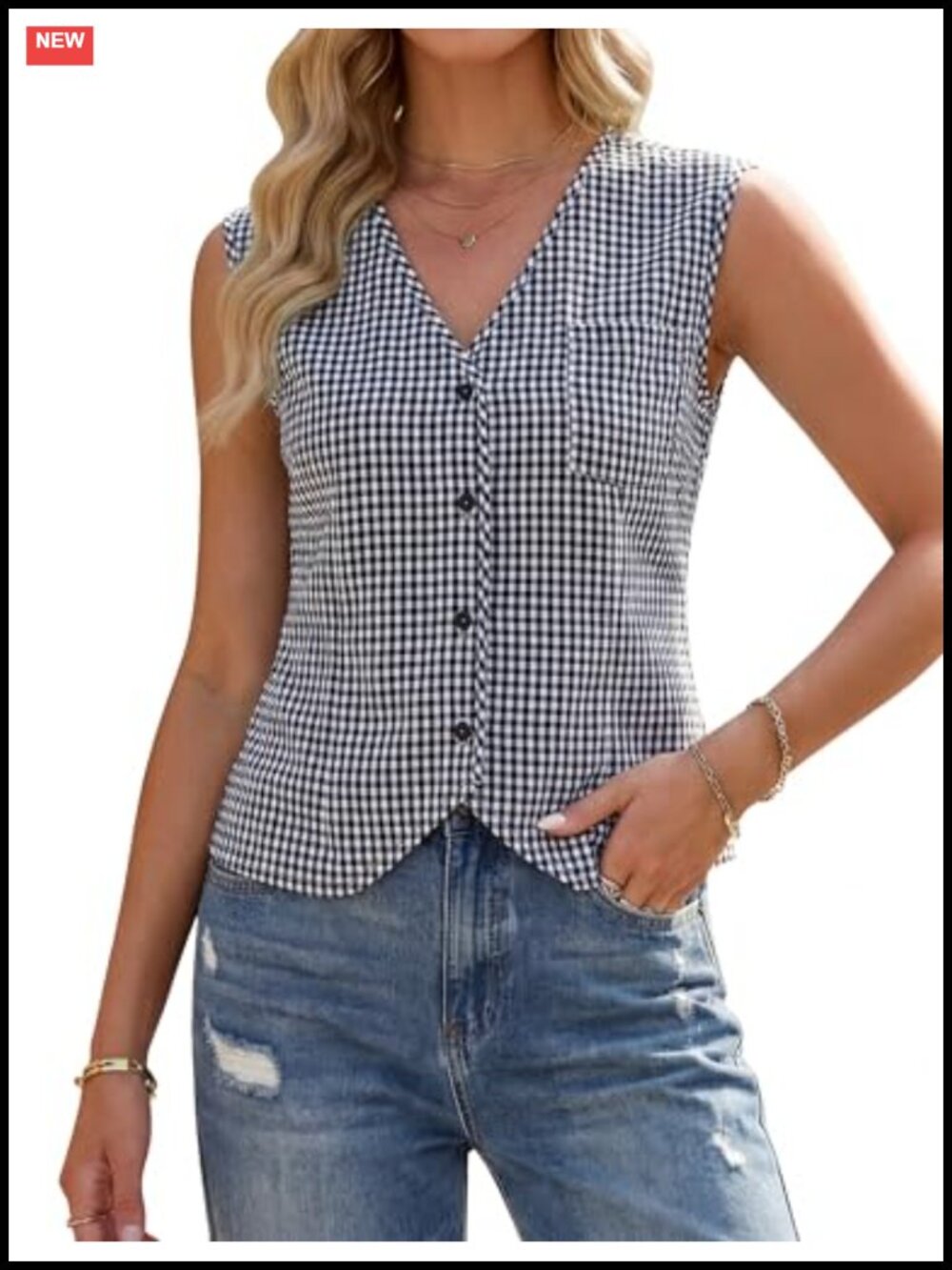 Blooming Jelly Gingham Vest Top Button Up V-Neck Sleeveless Tank